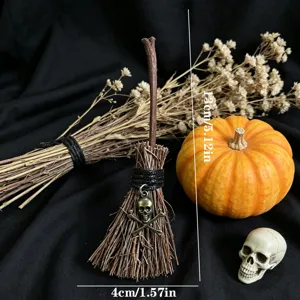 Halloween miniature broom ornament with skull pendant, mini pumpkin and dried flower decor.