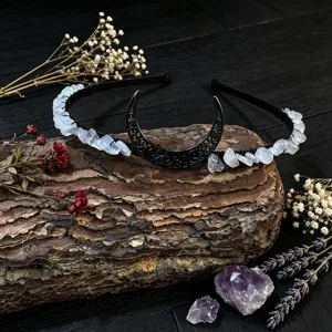 Close up of crystal moon headband detail, handmade crystal quartz fringe crown for festival.