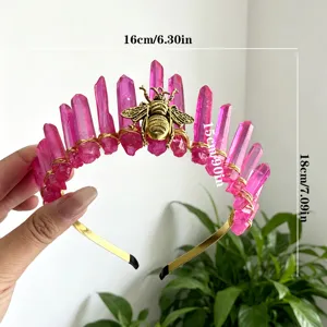 Natural pink crystal quartz crown headband with gold wire and bee for women and festival.