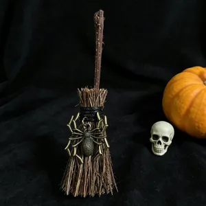 Halloween mini decorative broom with metal spider charm prop party home ornament display item