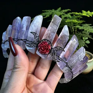 Handmade raw crystal quartz crown tiara with black wire and red rose, gothic hair accessory.