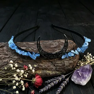 Handmade black metal crescent moon headband with blue crystal chips for daily and festival wear.