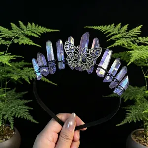 Crystal quartz tiara detail shot showing purple aura crystal points and metal butterfly.