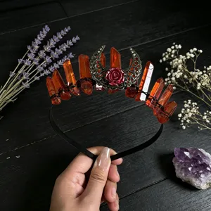 Gothic crystal tiara crown headband with hollow moon and red rose for women party photo