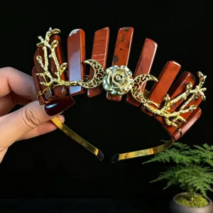 Handmade crystal stone tiara with golden crescent moon and rose flower headband for women.