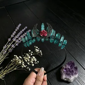 Gothic crystal tiara headband featuring teal crystal points, crescent moon and red rose design.