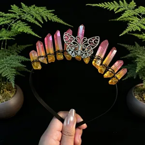 Crystal crown detail view, stunning aura quartz crystals and delicate butterfly centerpiece.