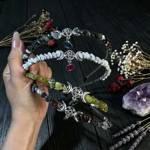 Handmade Natural Crystal Crushed Stone Moon Tiara Headband Bohemian Gothic Wicca Crown Bridal Holiday Party Hair Jewelry For Women