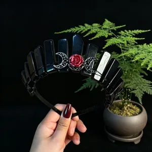 Black crystal crown headband with red rose and crescent moon for women gothic hair accessories