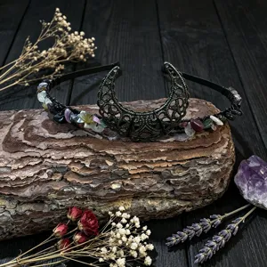 Exquisite crystal crescent moon headband, handmade boho hair accessory with natural stone chips.