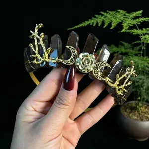 Crystal crown headband with gold crescent moon rose and dark quartz pillars for women hair.