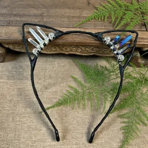 Handmade crystal cat ear headband with wire wrapped quartz pillars for women daily wear details.