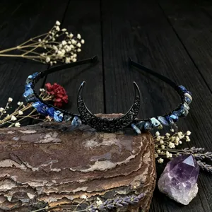 Gothic crescent moon crystal headband wire wrapped gemstone hair hoop celestial crown