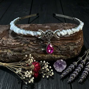 Exquisite crystal moon chip crown headband detail, handmade gemstone hair accessory for festivals.