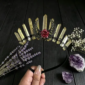 Exquisite crystal crown headband with yellow quartz, black lace moon and red rose for women.