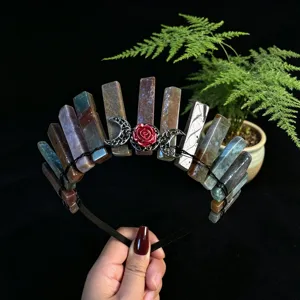 Natural crystal crown headband with crystal pillars, metal rose and moon charms for women.