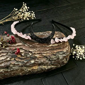 Exquisite rose quartz crystal chip and black metal moon crown headband detail display.