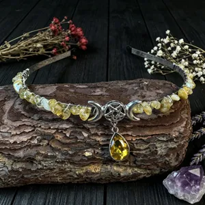 Handmade crystal chip crown headband with triple moon pentacle charm for festival bridal wear.