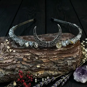Handmade crystal moon tiara headband with natural stones for bridal hair styling