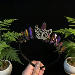 Crystal butterfly headband detail, sparkling raw quartz crystal stones and wire wrapped.