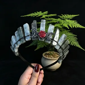 Natural crystal crown headband with red rose and moon charms, gothic style hair accessory for women.