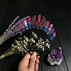 Crystal crown headband with hollow moon and pink blue quartz stones for women fashion detail view.