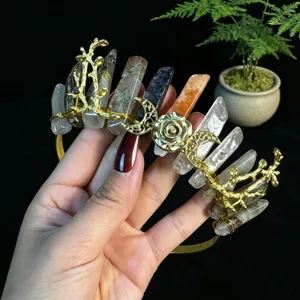 Handcrafted natural crystal crown headband with gold moon and flower branch design.