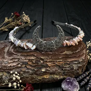 Handmade crystal moon headband detail, pink chip stone crown, exquisite bridal hair accessory.