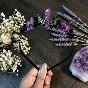 Diadema de cristal natural con corona de luna negra, accesorio de pelo de moda para mujer.