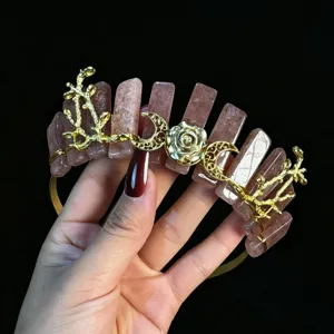 Natural pink crystal crown headband with gold moon and rose branch design for women party.