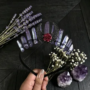 Exquisite natural crystal crown headband with purple quartz, crescent moon and rose for party.