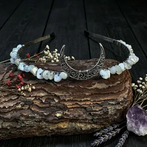 Crystal moon crown hair hoop detail view, handmade gemstone tiara for festival wedding