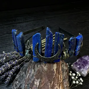 Gotischer Natur Lapis Lazuli Kristall Kronen Haarreif mit Mond und Totenkopf Deko Damen
