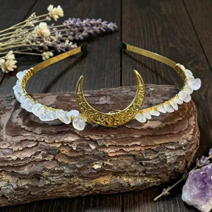 Handmade natural crystal moon quartz chip crown headband, exquisite bridal festival accessory.