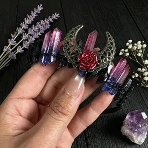 Gothic crystal headband detail, purple aura quartz and crescent moon crown with red rose.