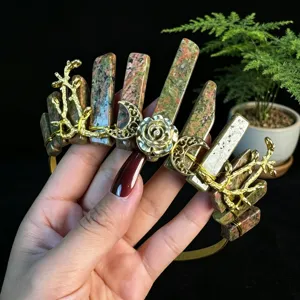 Natural crystal crown headband with gold moon and rose flower design, trendy hair accessories for women