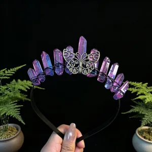 Close-up of purple crystal quartz crown headband with vintage metal butterfly detail.