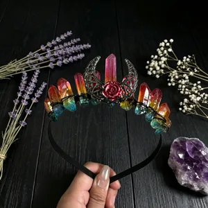 Natural crystal crown headband with rainbow aura quartz pillars, hollow moon and flower details.