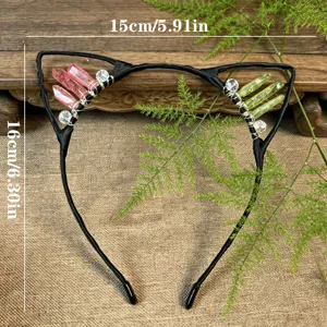 Handcrafted crystal cat ear headband with pink and green quartz stones, stylish hair hoop for women.