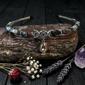 Handmade crystal moon crown headband detail, featuring gemstone chips and star charms.