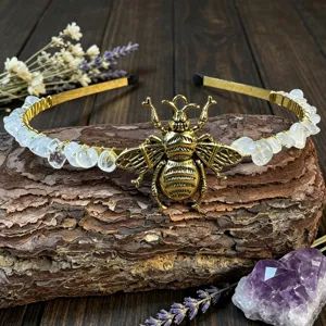 Handmade crystal chip metal headband with vintage bee detail, exquisite hair accessory for women.