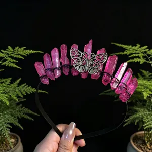 Crystal crown detail, pink quartz stone headband, butterfly hair accessory prop.