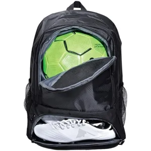 Zaino sportivo nero con scomparto per pallone e custodia scarpe per allenamento all'aperto e fitness.