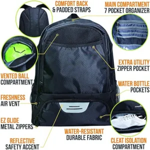 Zaino sportivo multifunzionale con scomparto per scarpe e tasca per pallone resistente.