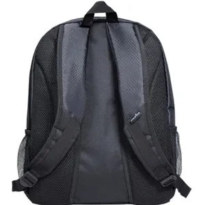 Zaino sportivo nero da esterno con spallacci in rete traspirante e tasche laterali.