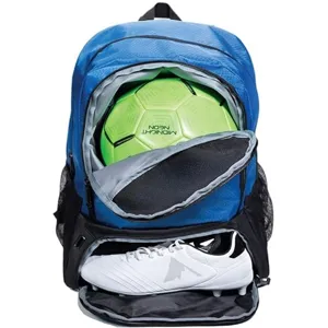 Zaino sportivo blu con scomparto per scarpe e custodia per pallone per allenamento all'aperto.