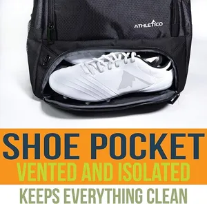 Zaino sportivo nero con scomparto separato per scarpe e spazio ventilato per allenamento.