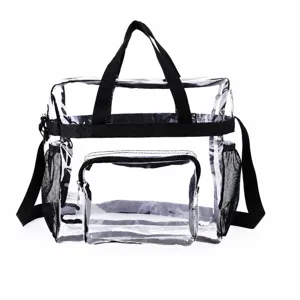 Grand sac de voyage transparent en PVC avec poignées solides et sangle réglable.