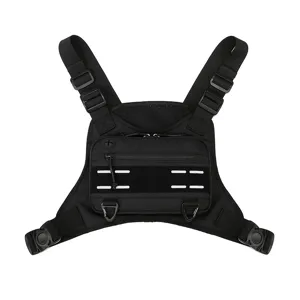 Detailed view of black tactical chest rig bag, multi-functional vest design for outdoor sports.