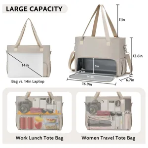 Grand sac cabas avec compartiment inférieur isotherme et multi-poches pour travail et voyages.